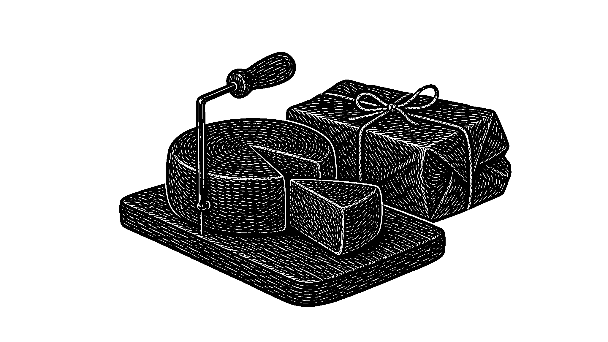 Linocut of a whole cheese on a board being cut with a wire, a wedge falling away, and a wax-paper parcel behind