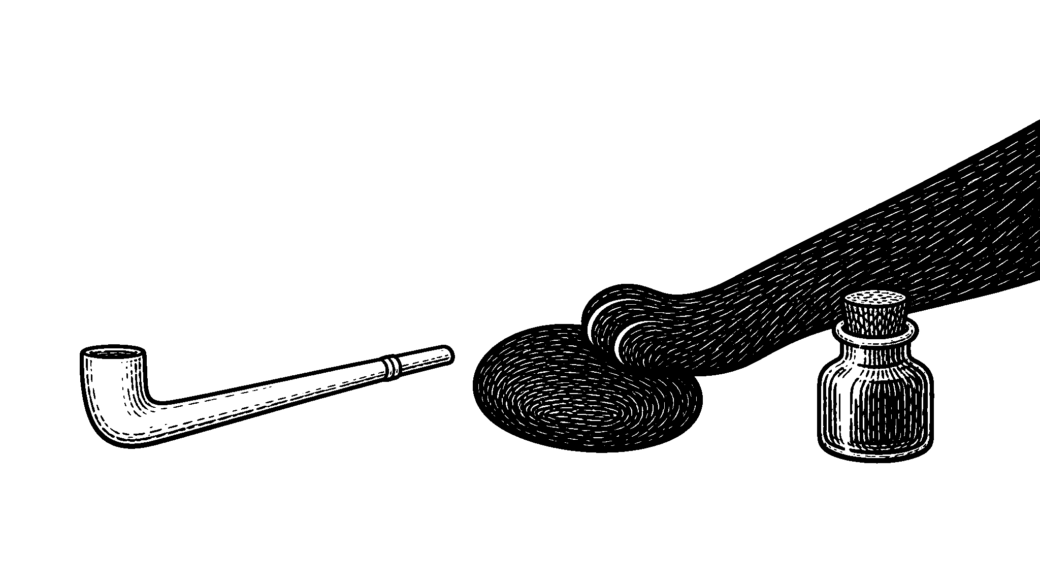 Linocut of a Victorian clay pipe, a river pebble and a stoppered bottle, with Buttons’ paw resting on the pebble
