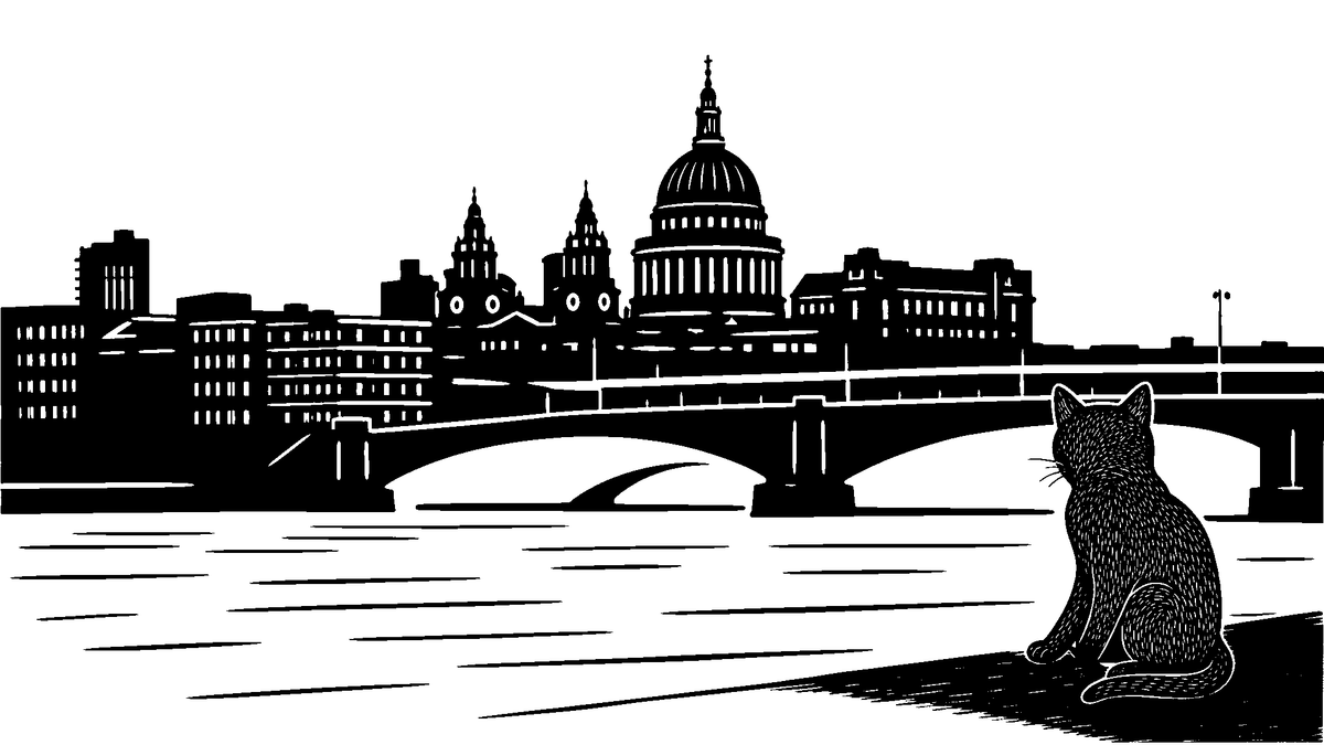 Linocut of St Paul’s Cathedral and Blackfriars Bridge from the South Bank, with Buttons the shop cat on the embankment wall