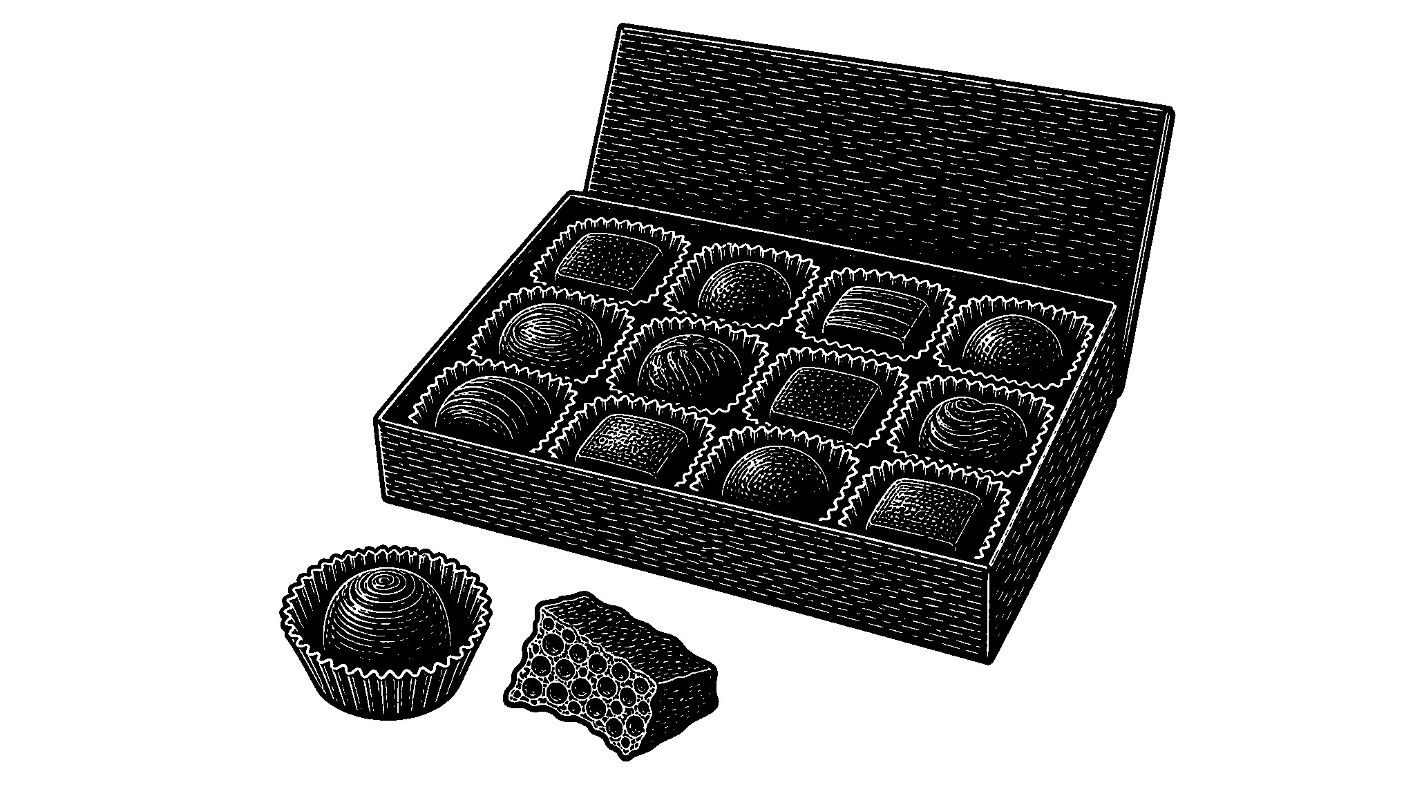 Linocut of an open box of twelve handmade chocolates with a shard of honeycomb in front