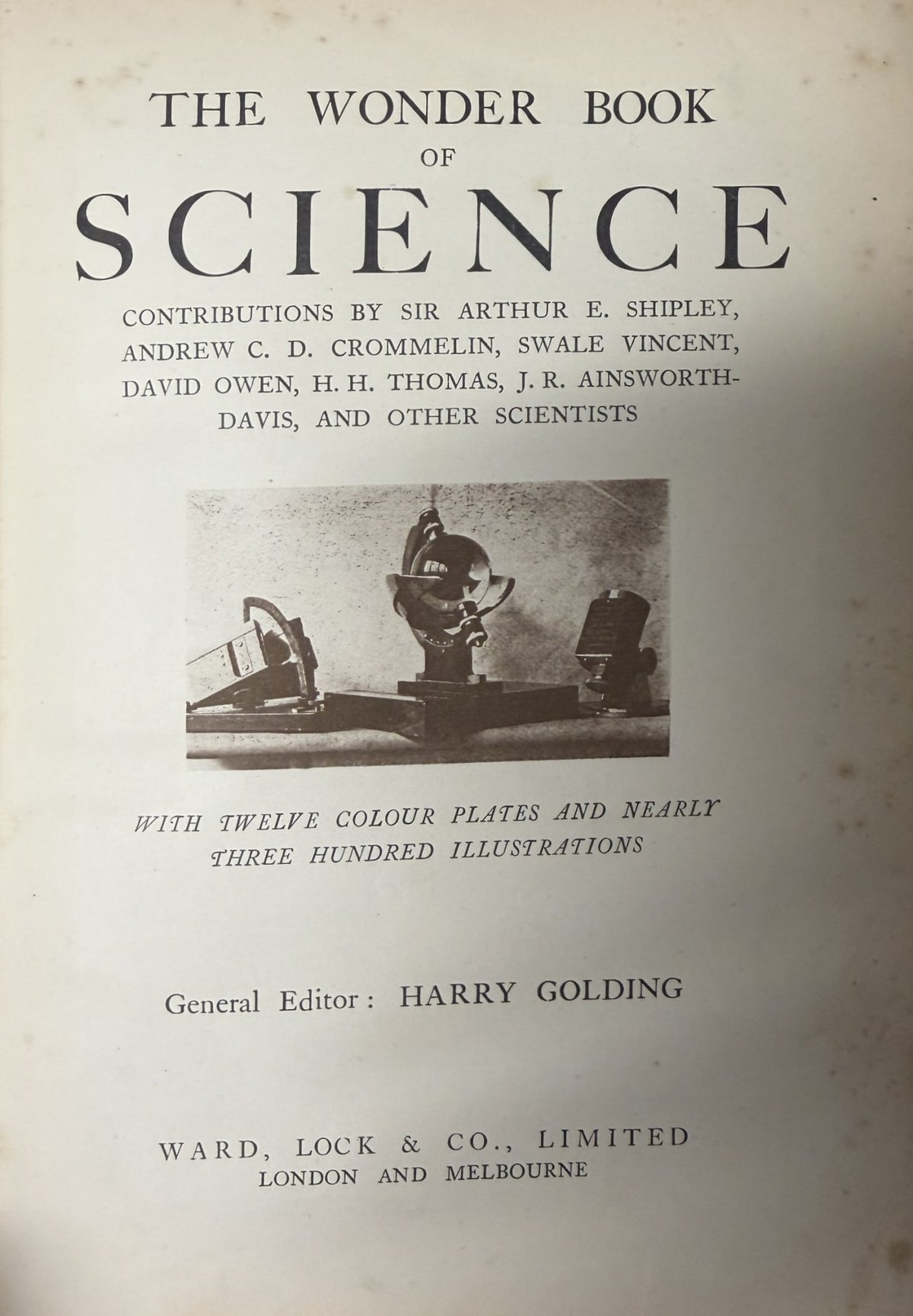 Title page of The Wonder Book of Science listing its contributing scientists, published by Ward Lock